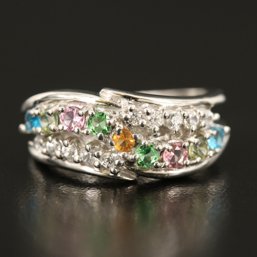 Sterling Fire Opal, Tourmaline and Apatite Open Shouldered Ring