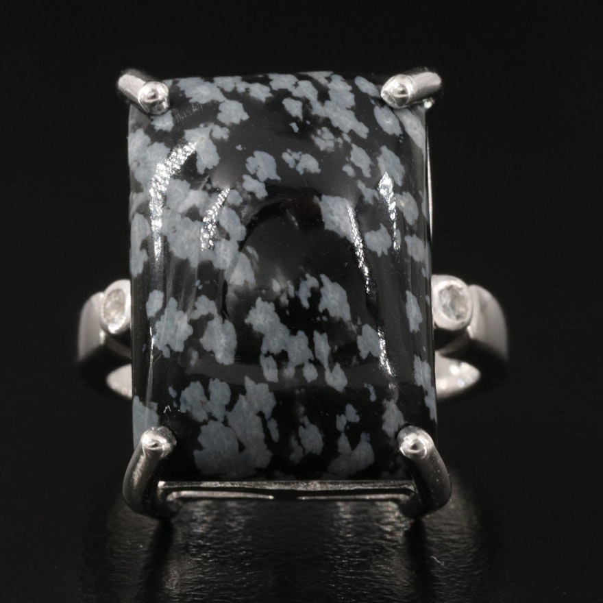 Sterling Silver Snowflake Obsidian and White Topaz Ring