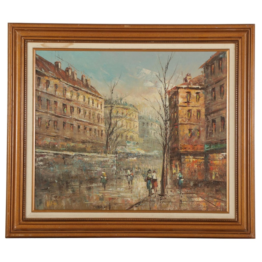 P. G. Tiele Parisian City Street Oil Painting, Late 20th Century