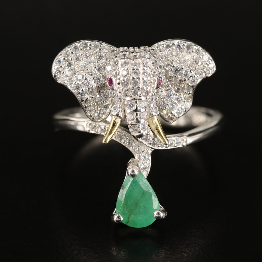 Sterling Emerald, Cubic Zirconia and Ruby Elephant Ring