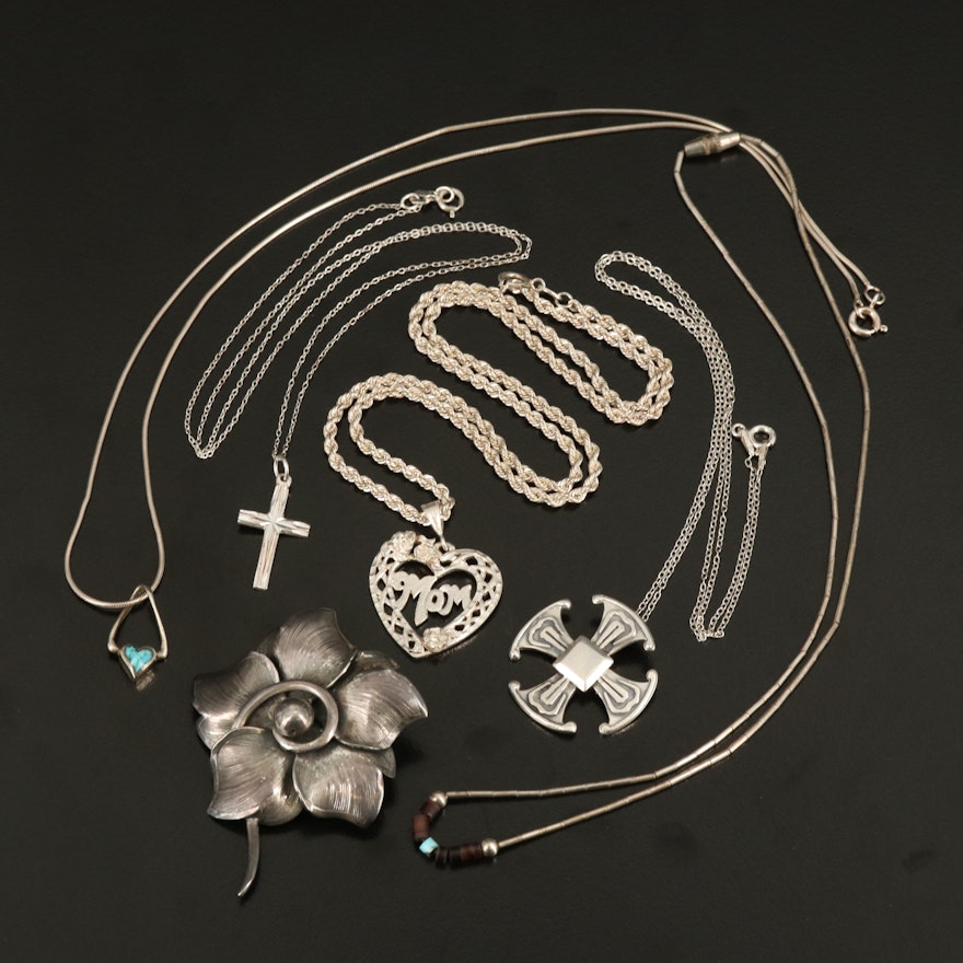 Sterling Necklaces and Danecraft Flower Brooch with Maltese Cross