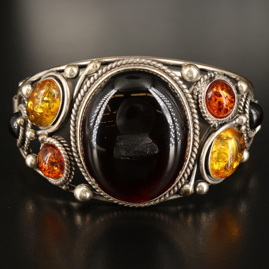 Sterling Amber and Copal Hinged Bracelet