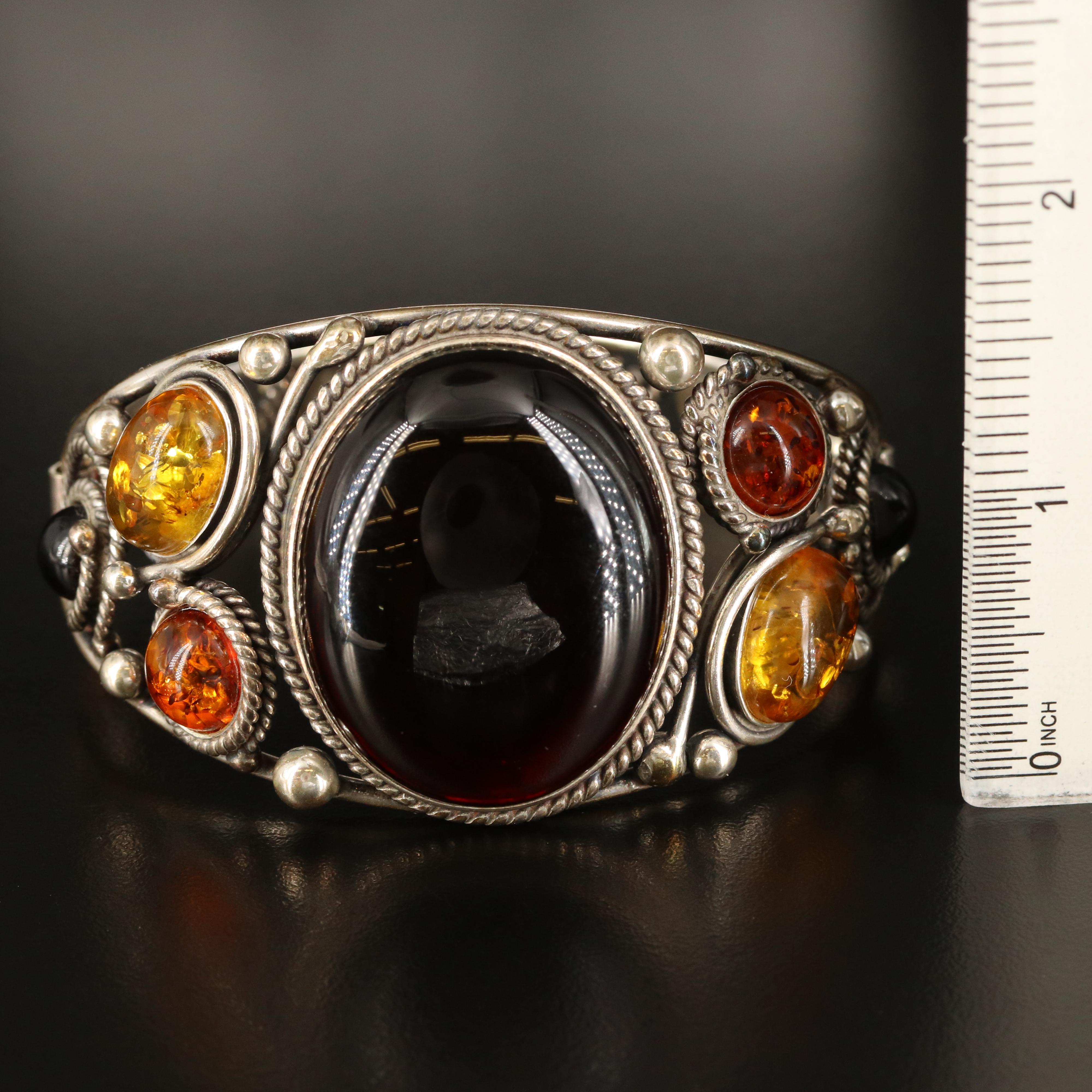 Sterling Amber and Copal Hinged Bracelet