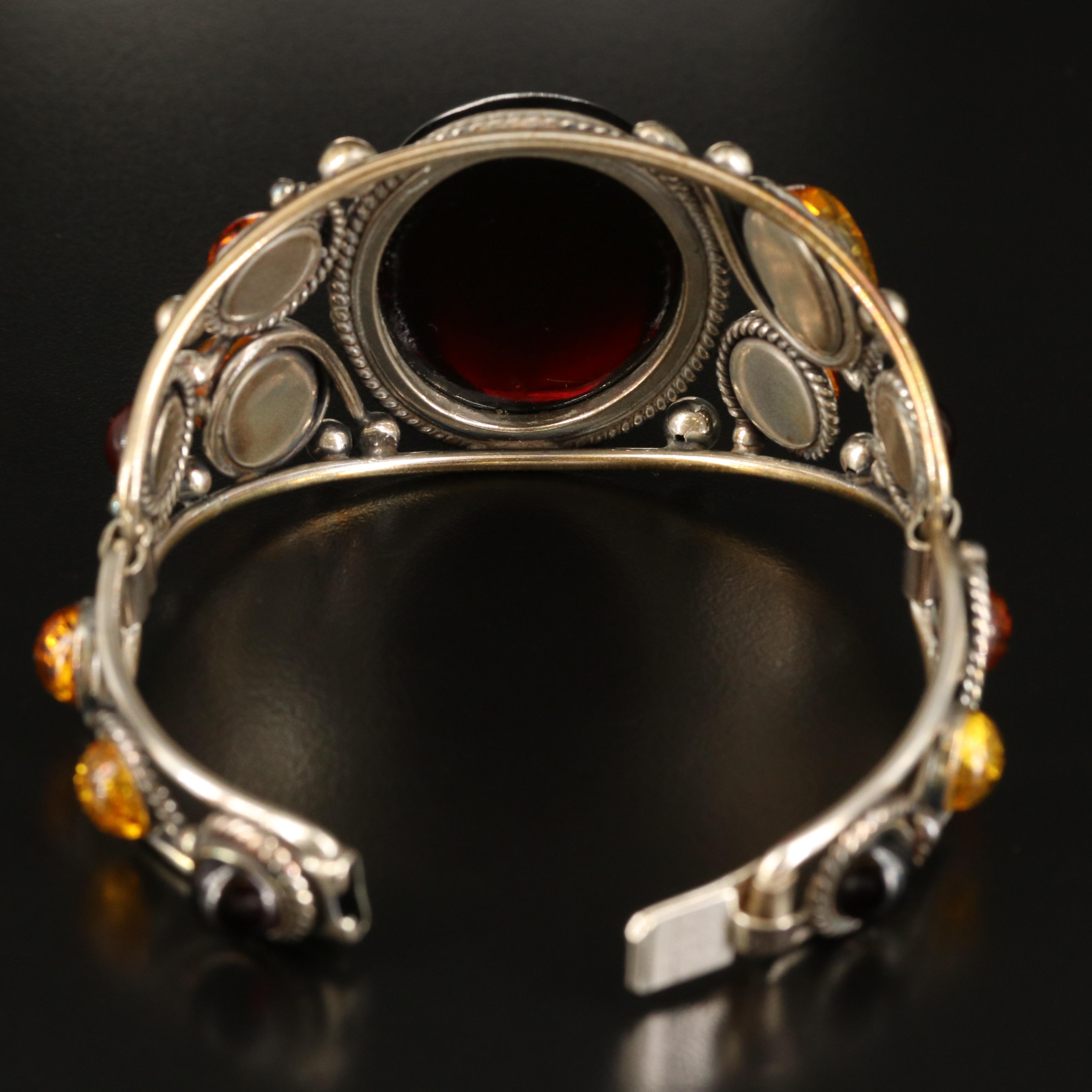 Sterling Amber and Copal Hinged Bracelet