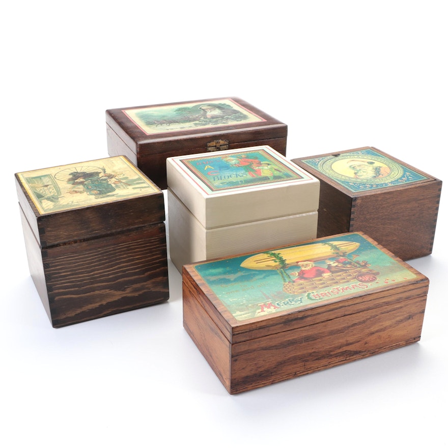 Wooden Christmas Motif Boxes, Early to Mid-20th Century