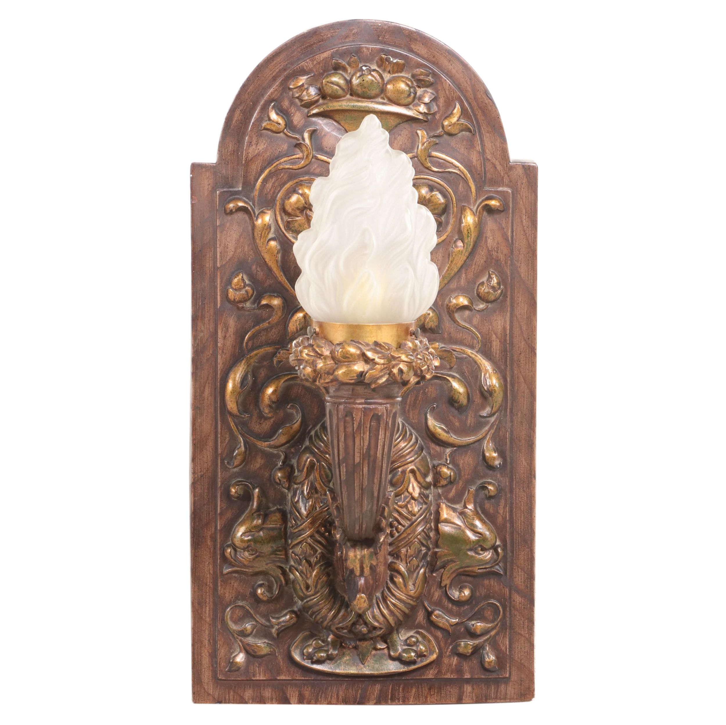 Neoclassical Style Patinated Metal Wall Sconce with Glass Flame Shade