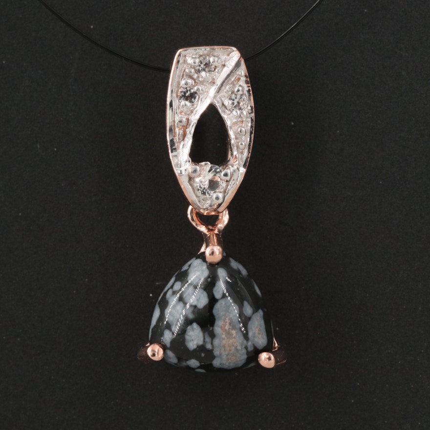 Sterling Snowflake Obsidian and White Topaz Drop Pendant