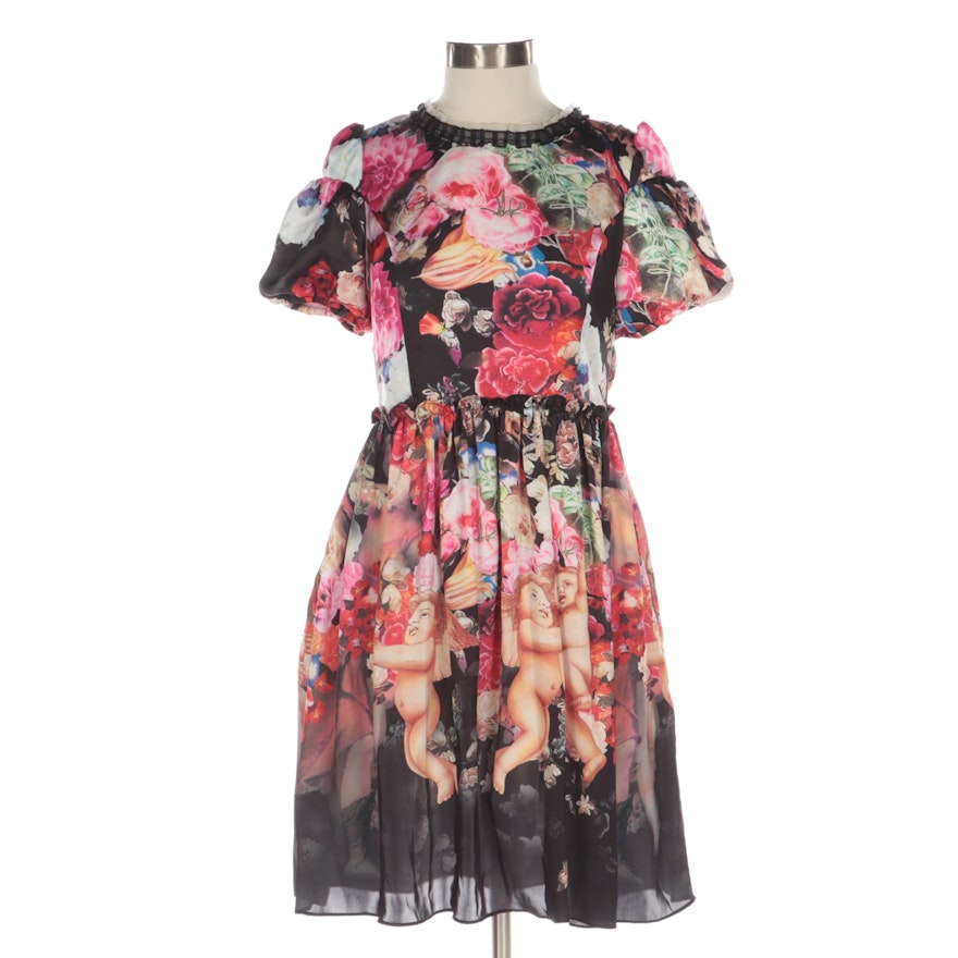 Dolce & Gabbana Ruffle Trim Floral Silk Putti Print Dress