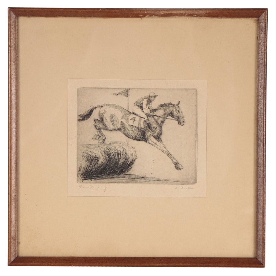 E. Evitt Horse and Rider Etching "Over the Jump"