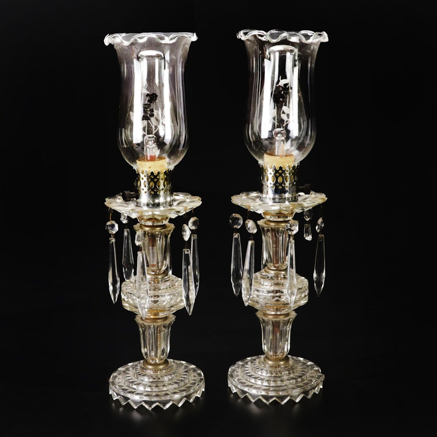 Pair of Electric Glass Hurricane Mantle Lusters with Prisms, Early to Mid 20th C
