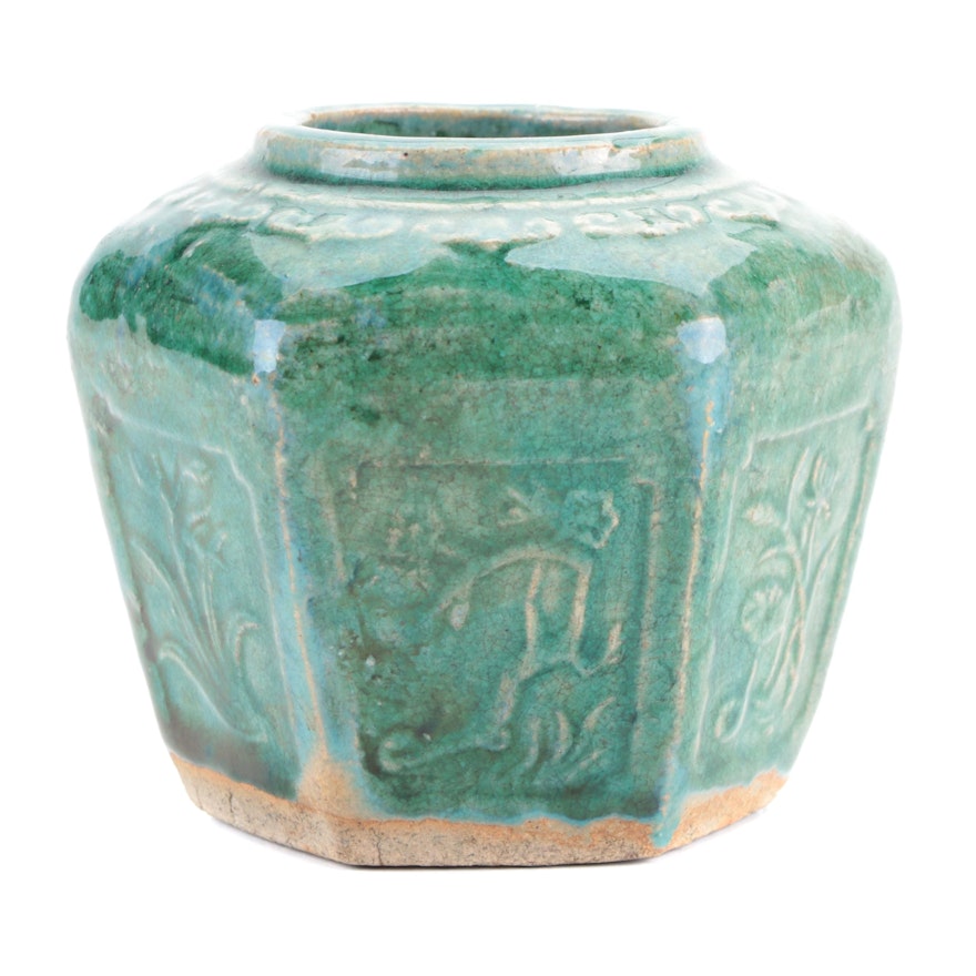 Chinese Green Glazed Shiwan Ware Hexagonal Vase