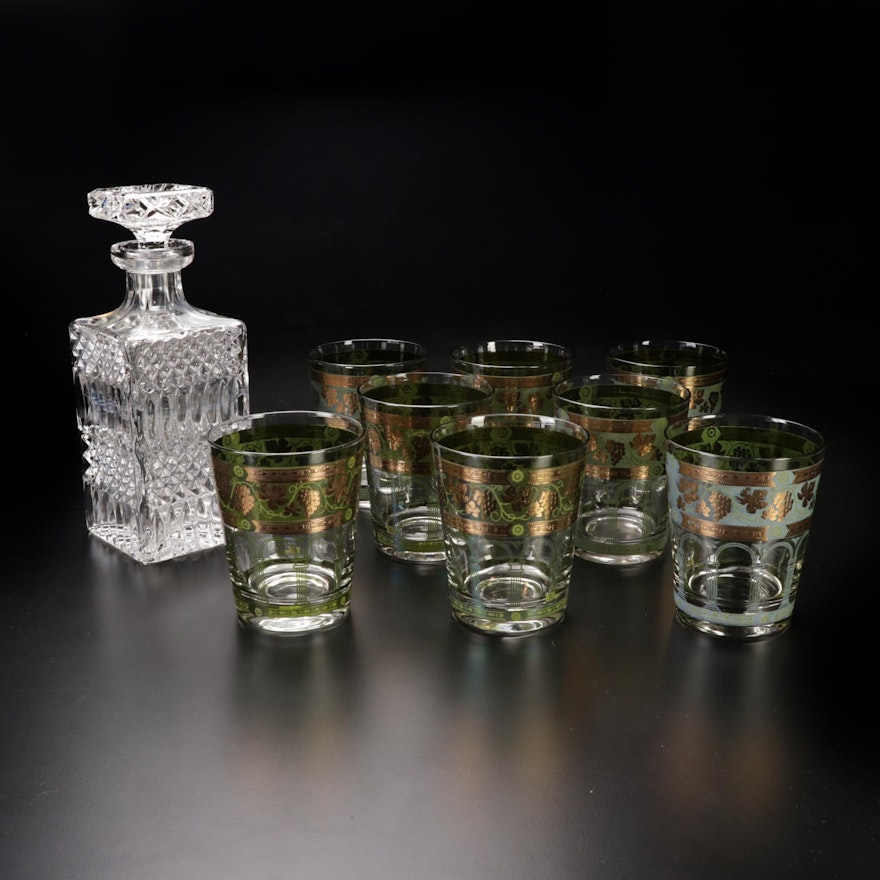 Mid-Century Modern Hofbauer Crystal Decanter and Rocks Glasses