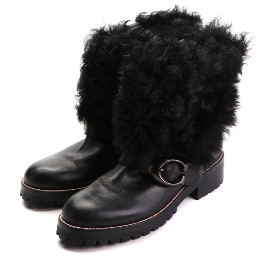 Coach Leighton Booties G2876 in Black Leather with Shearling Cuffs and Box