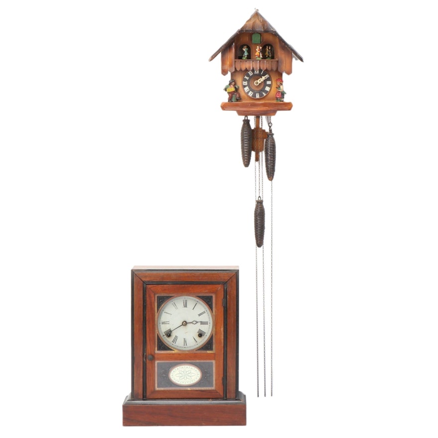 German Cuckoo Clock with Mahogany Cased Eight Day Mantle Clock
