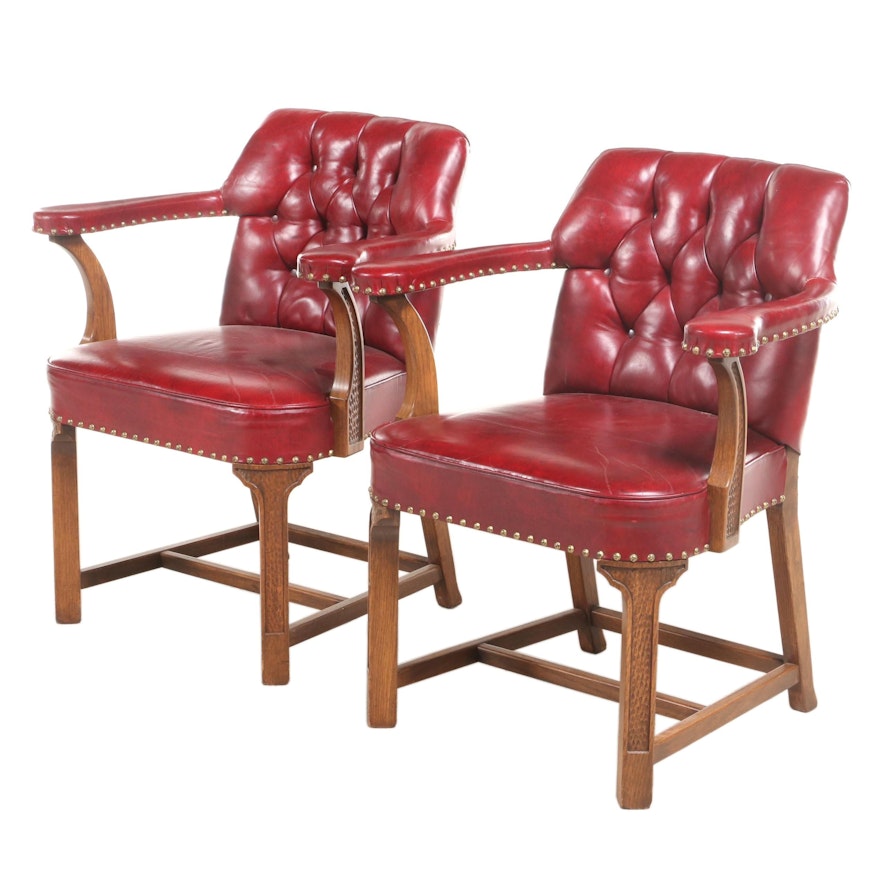 Pair of Romweber "Nordic" Carved Oak and Buttoned-Down Leather Armchairs