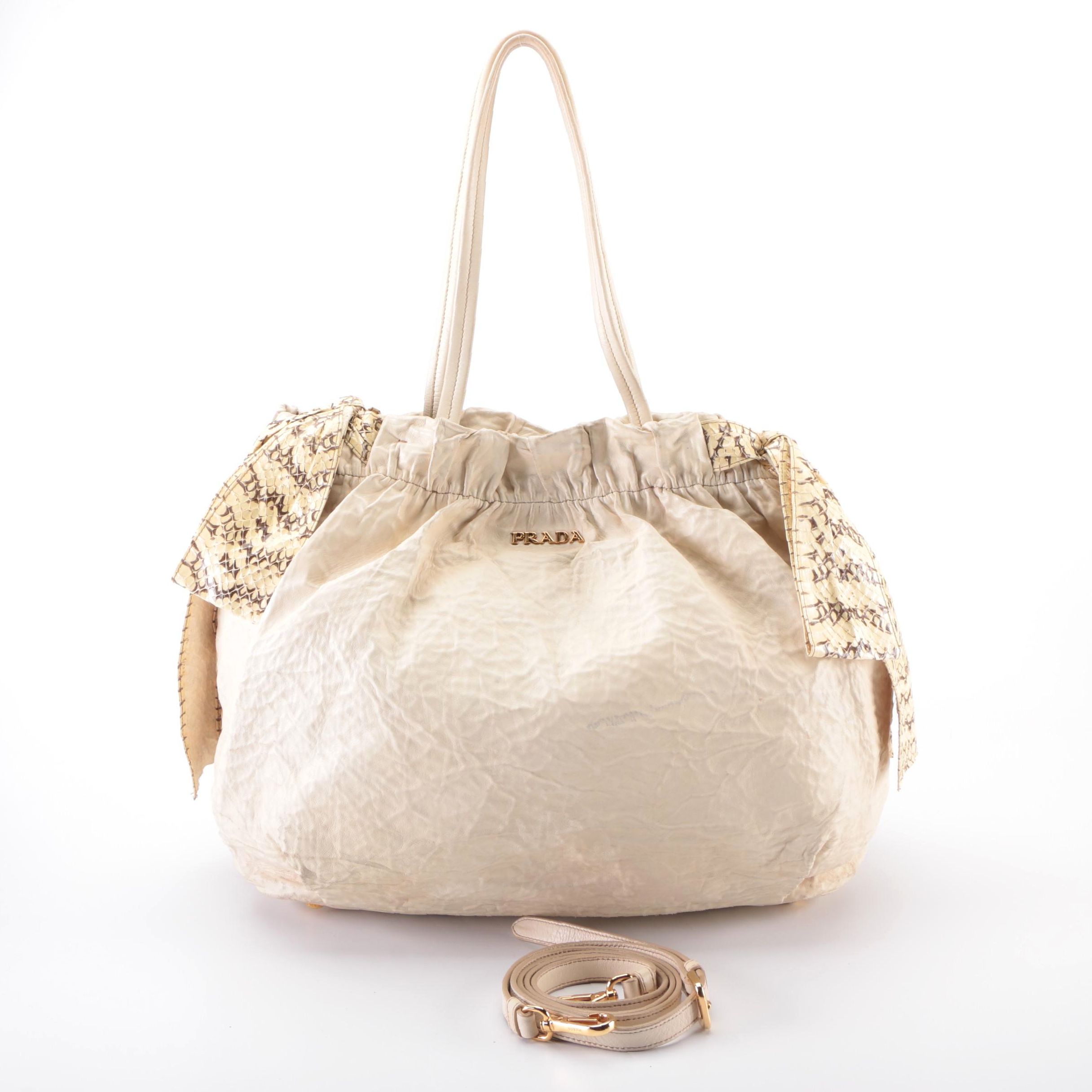 Prada Two-Way Hobo Bag in Off-White Leather with Snakeskin Bow Detail