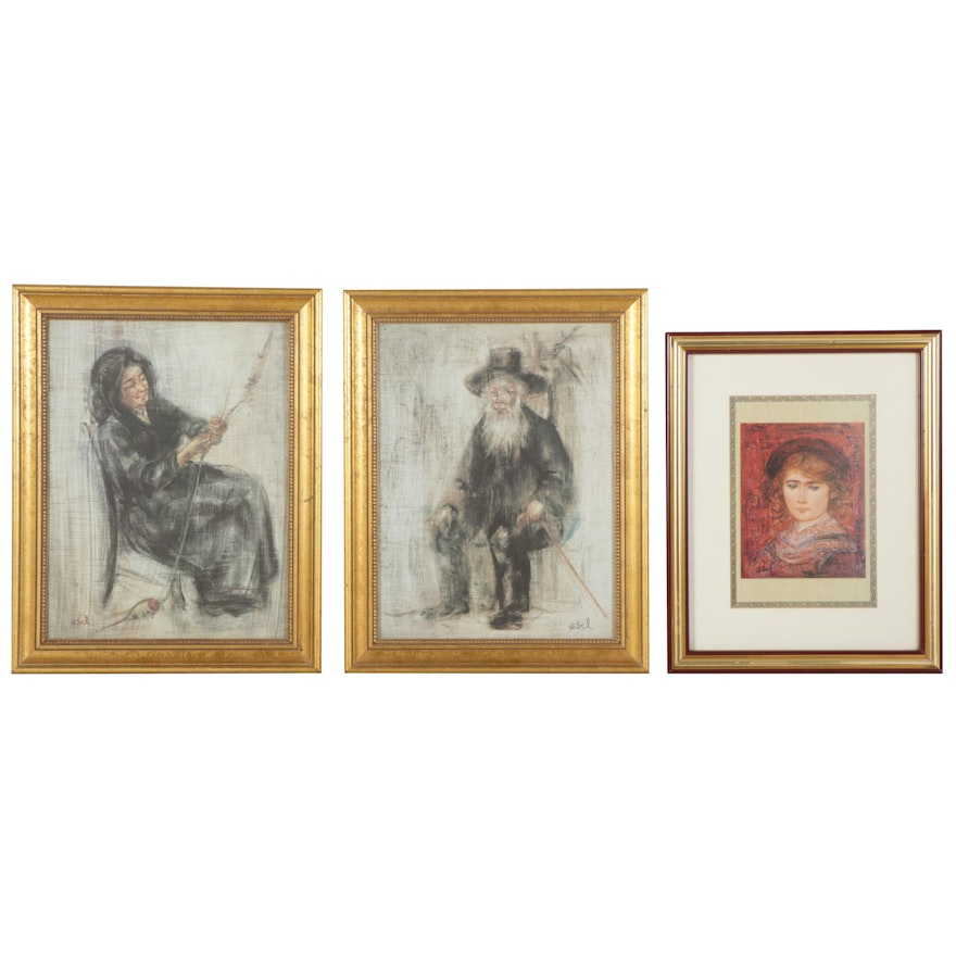 Edna Hibel Offset Lithographs "Old Man With Beard," "Red Head," and "Spinner"