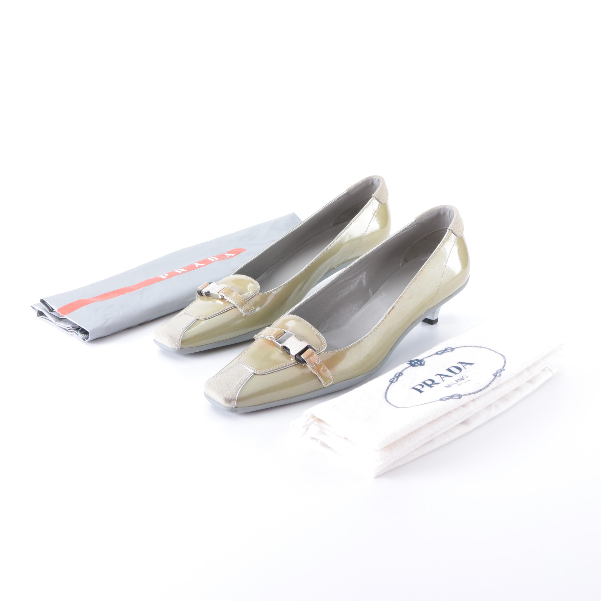 Prada Kitten Heel Square Toe Loafers in Patent Leather with Suede and Buckle