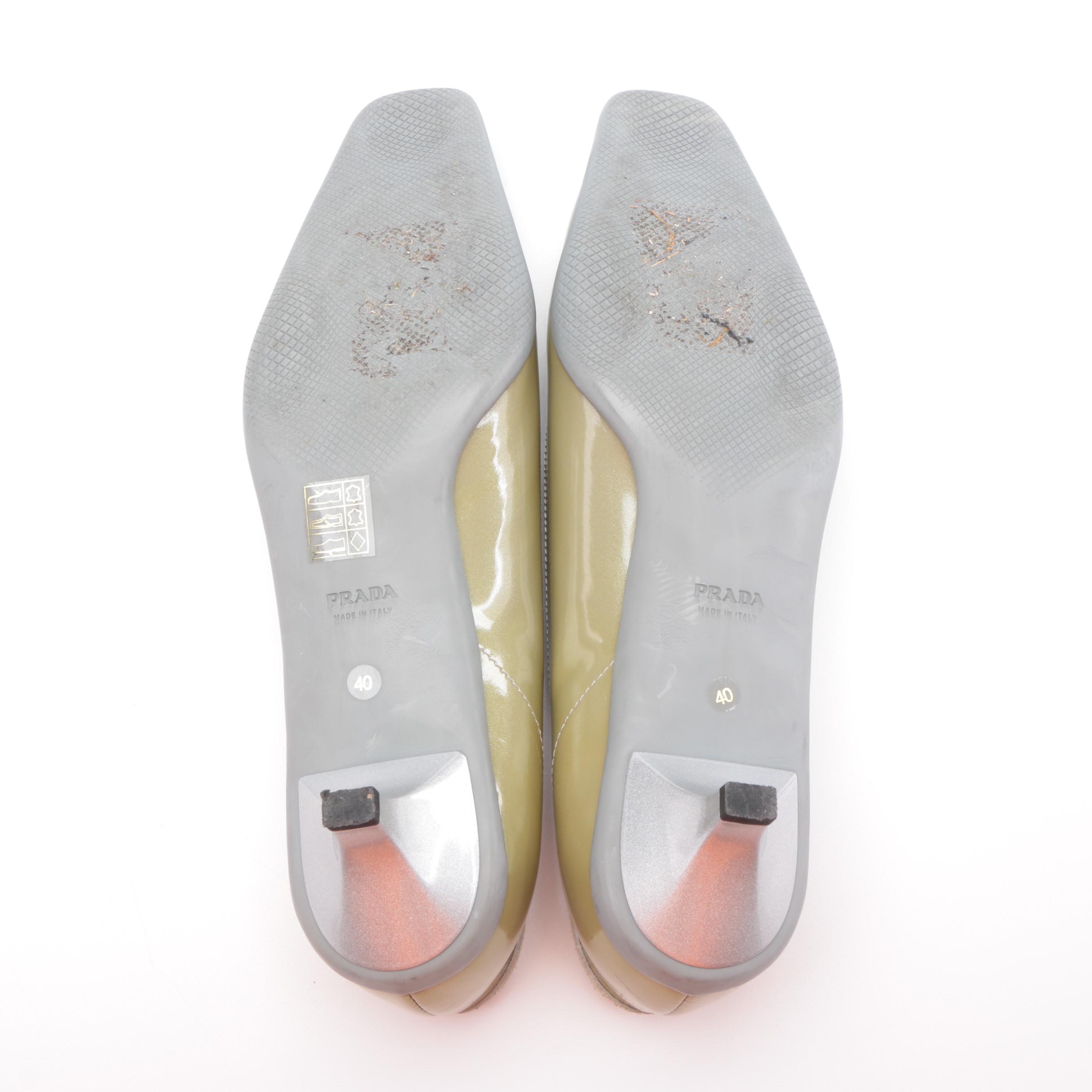 Prada Kitten Heel Square Toe Loafers in Patent Leather with Suede and Buckle