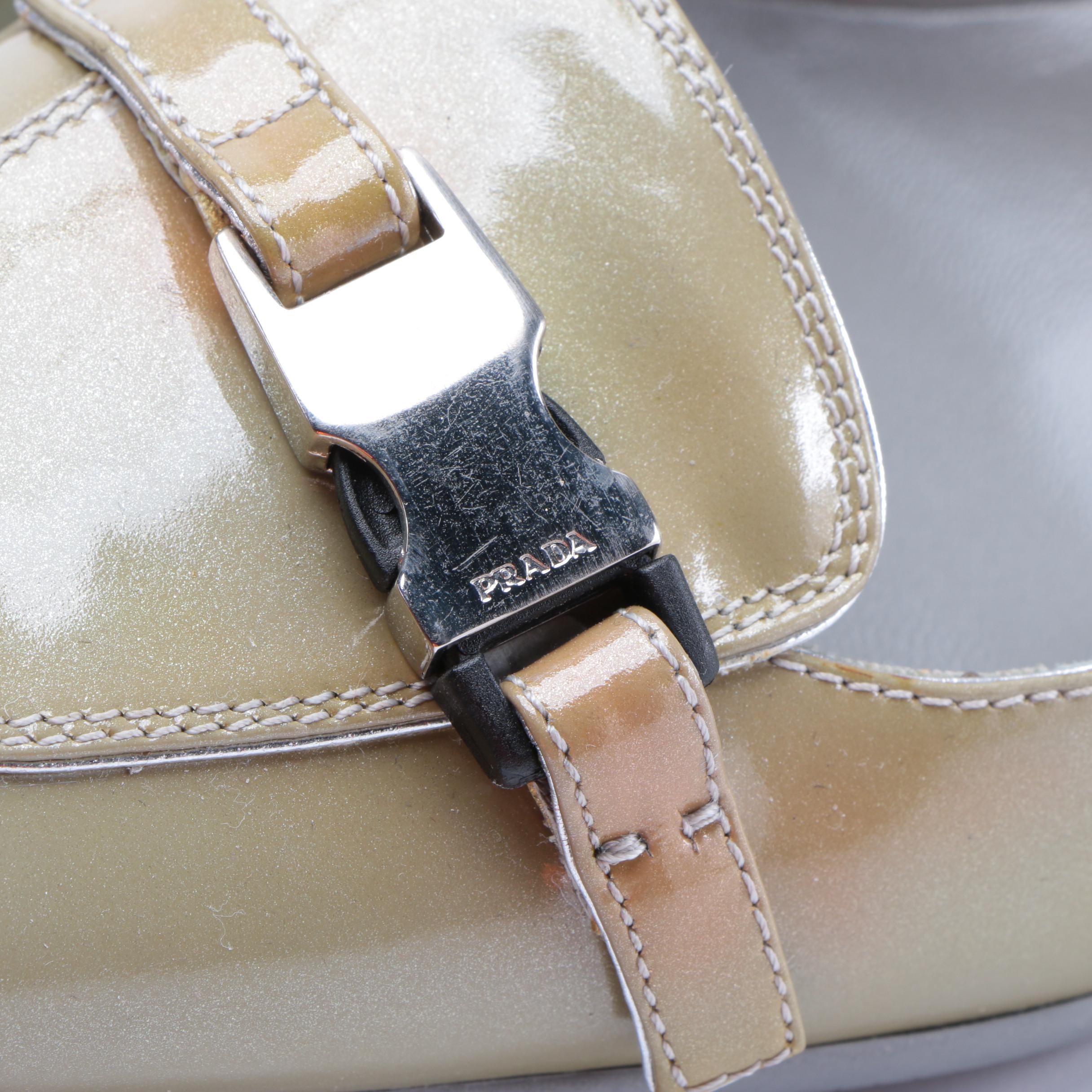 Prada Kitten Heel Square Toe Loafers in Patent Leather with Suede and Buckle