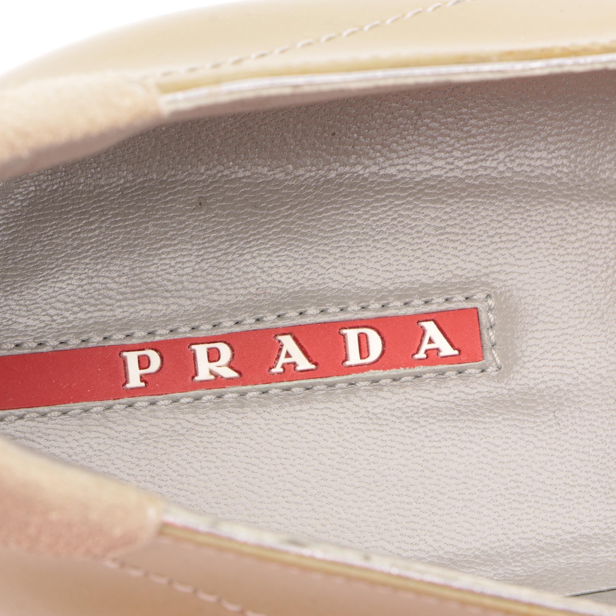 Prada Kitten Heel Square Toe Loafers in Patent Leather with Suede and Buckle