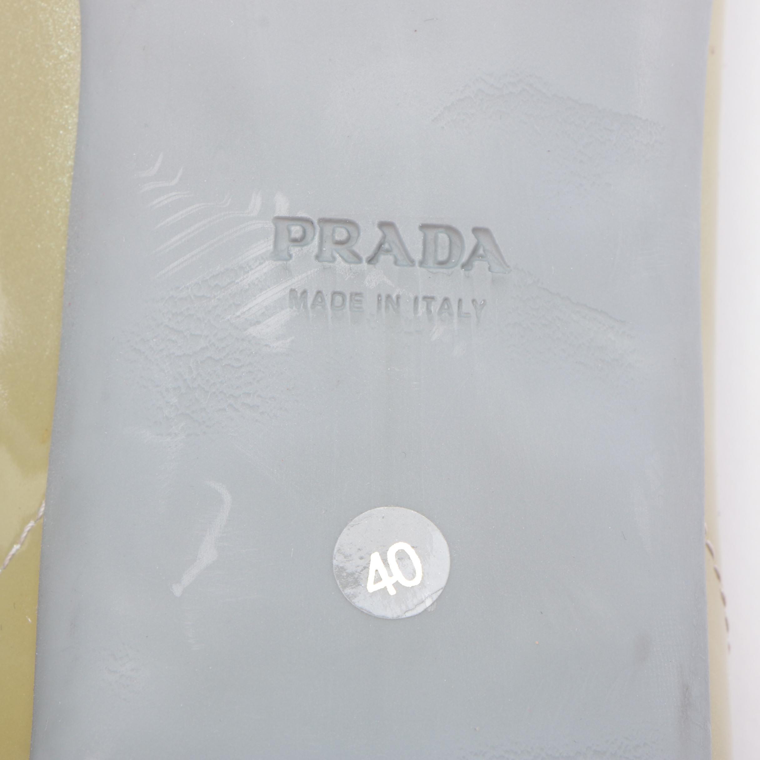 Prada Kitten Heel Square Toe Loafers in Patent Leather with Suede and Buckle