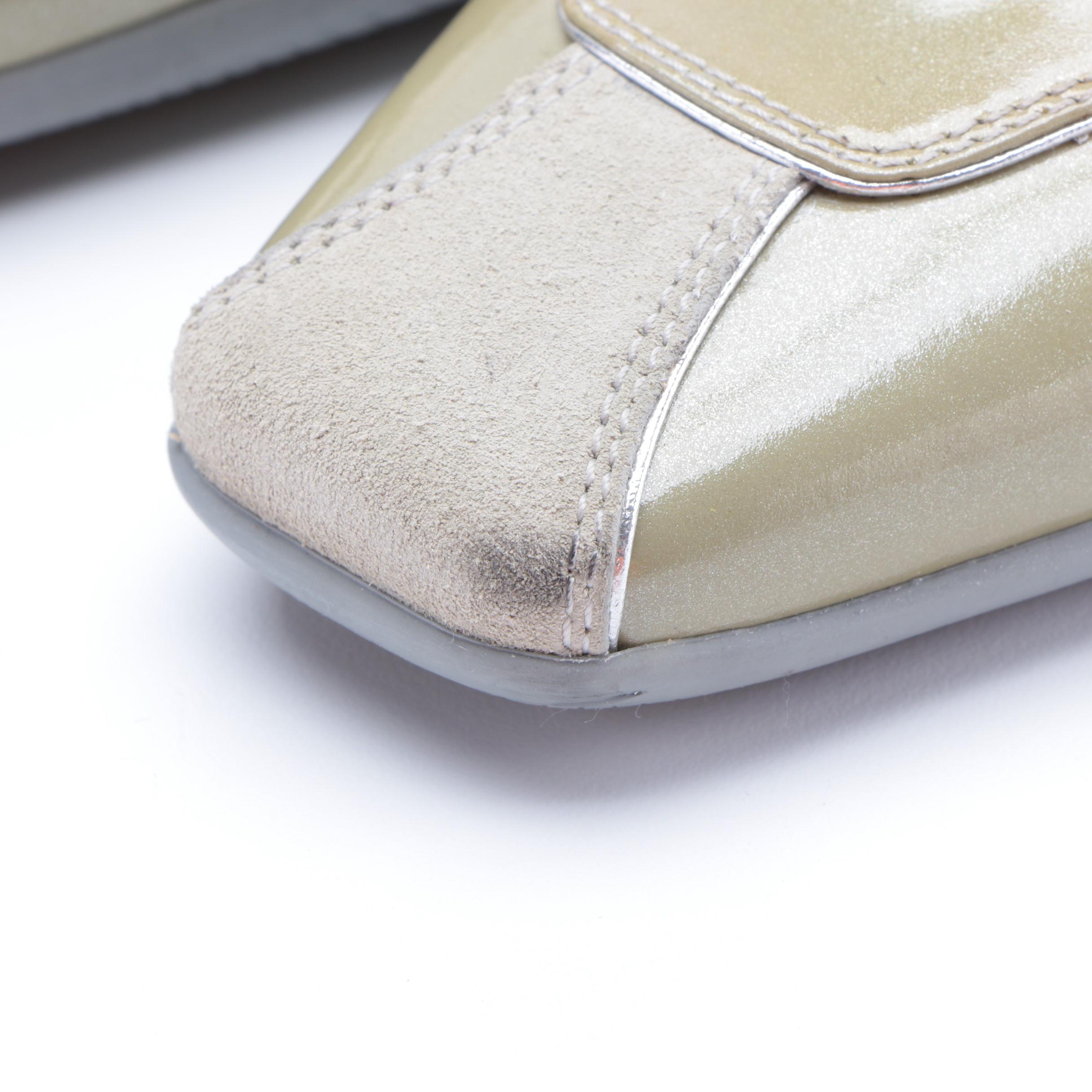 Prada Kitten Heel Square Toe Loafers in Patent Leather with Suede and Buckle