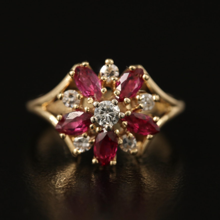 14K Ruby and Diamond Flower Ring