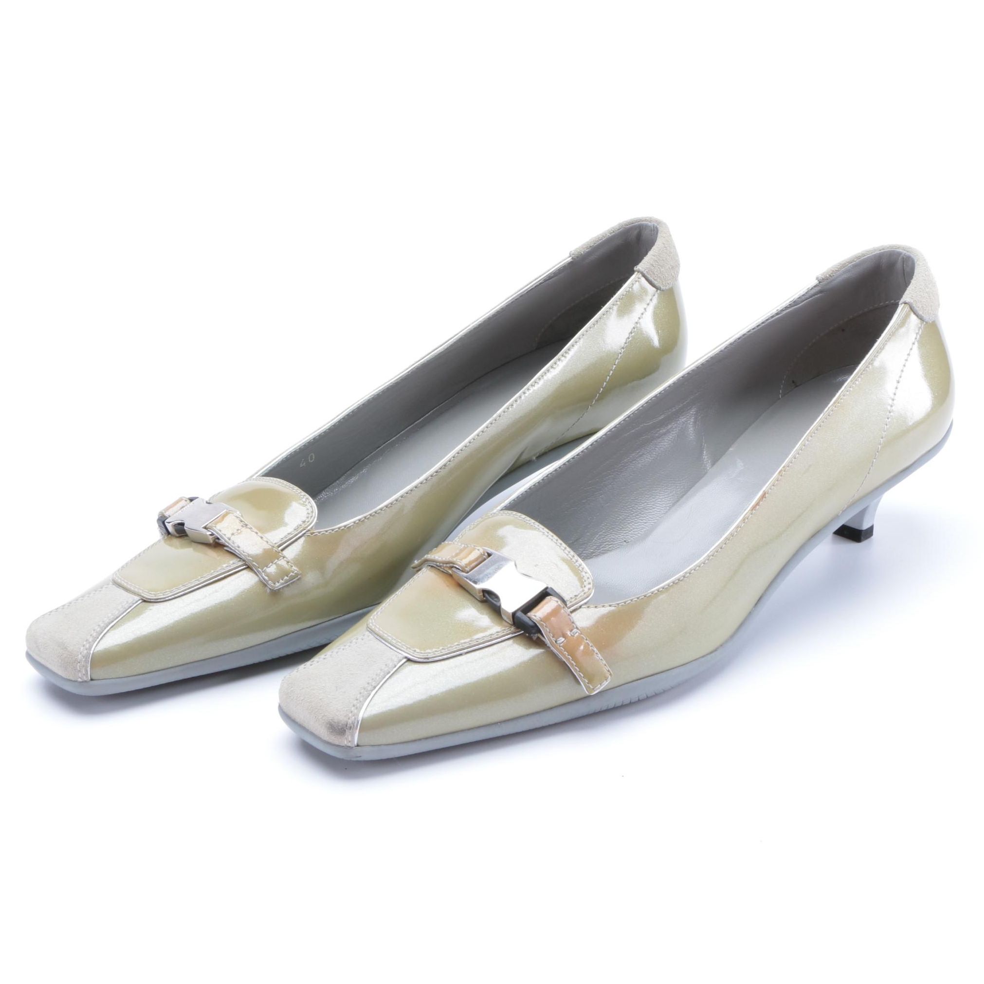 Prada Kitten Heel Square Toe Loafers in Patent Leather with Suede and Buckle