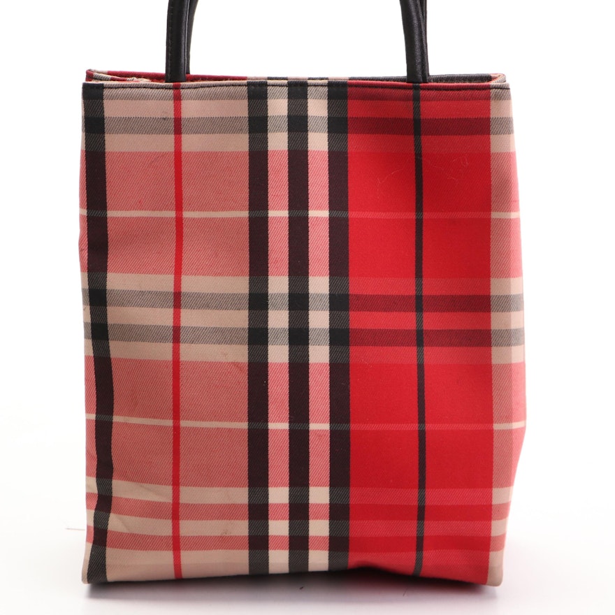 Burberry Tote Bag Small in Red Check Nylon Twill with Black Leather Handles