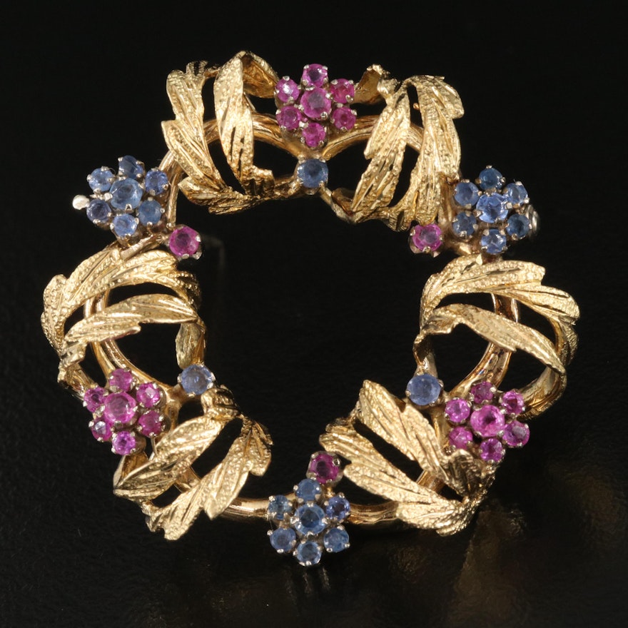 1960s 18K Sapphire and Ruby Wreath Converter Brooch