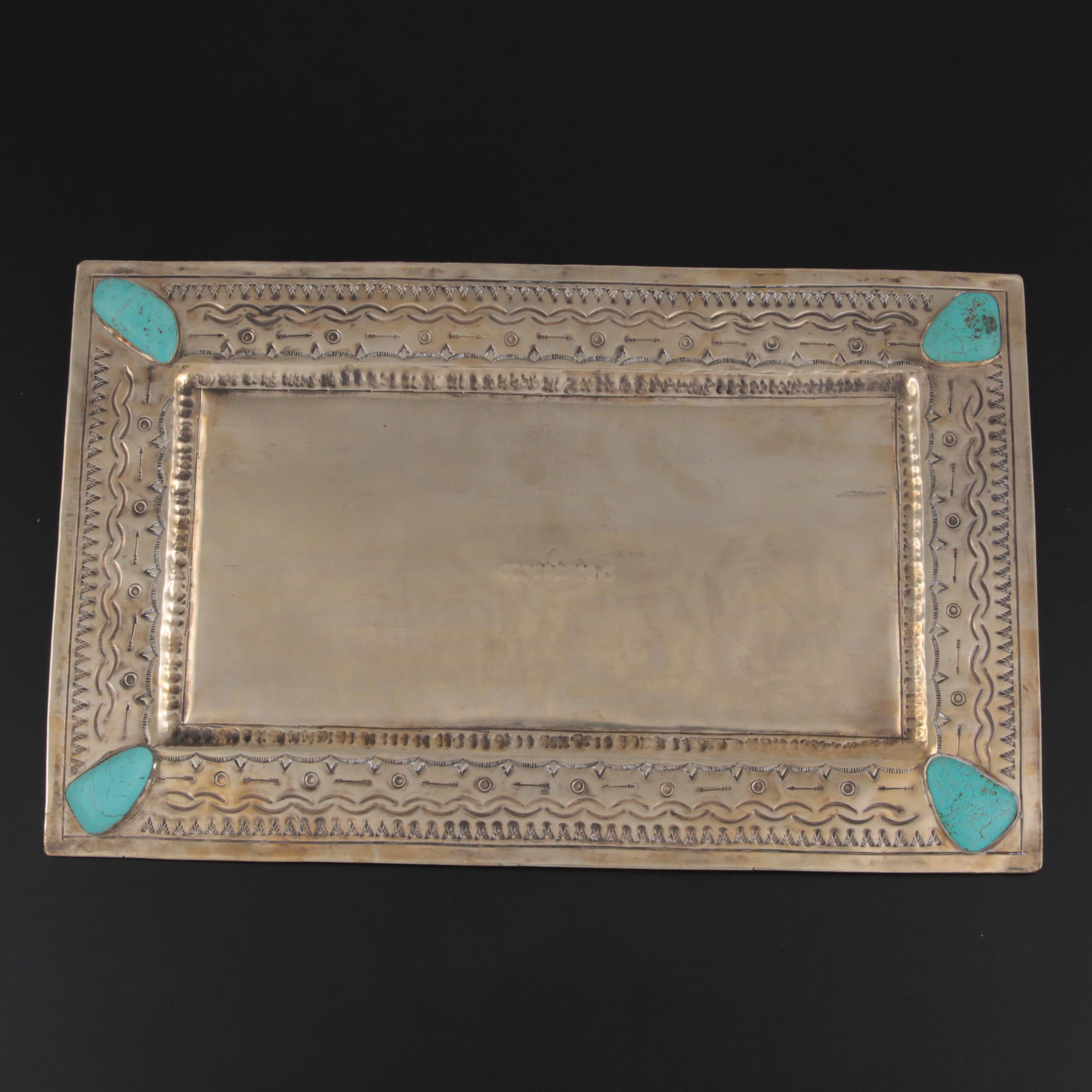 J. Alexander "Rustic Silver" Metal Tray with Turquoise Embellishments
