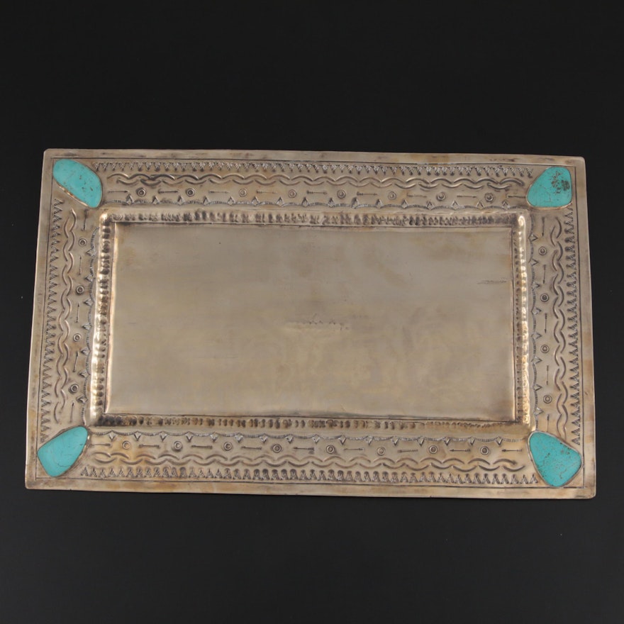 J. Alexander "Rustic Silver" Metal Tray with Turquoise Embellishments