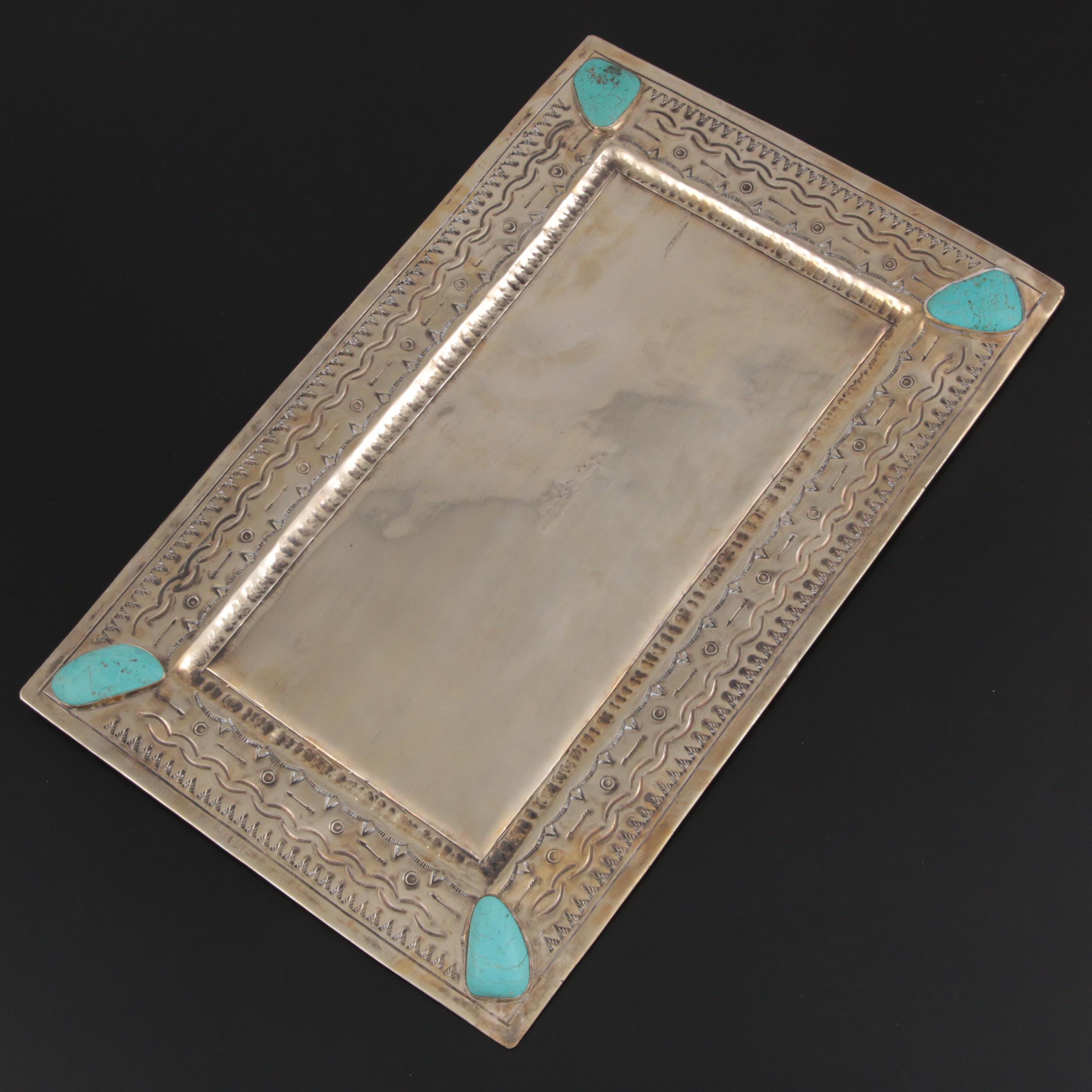 J. Alexander "Rustic Silver" Metal Tray with Turquoise Embellishments