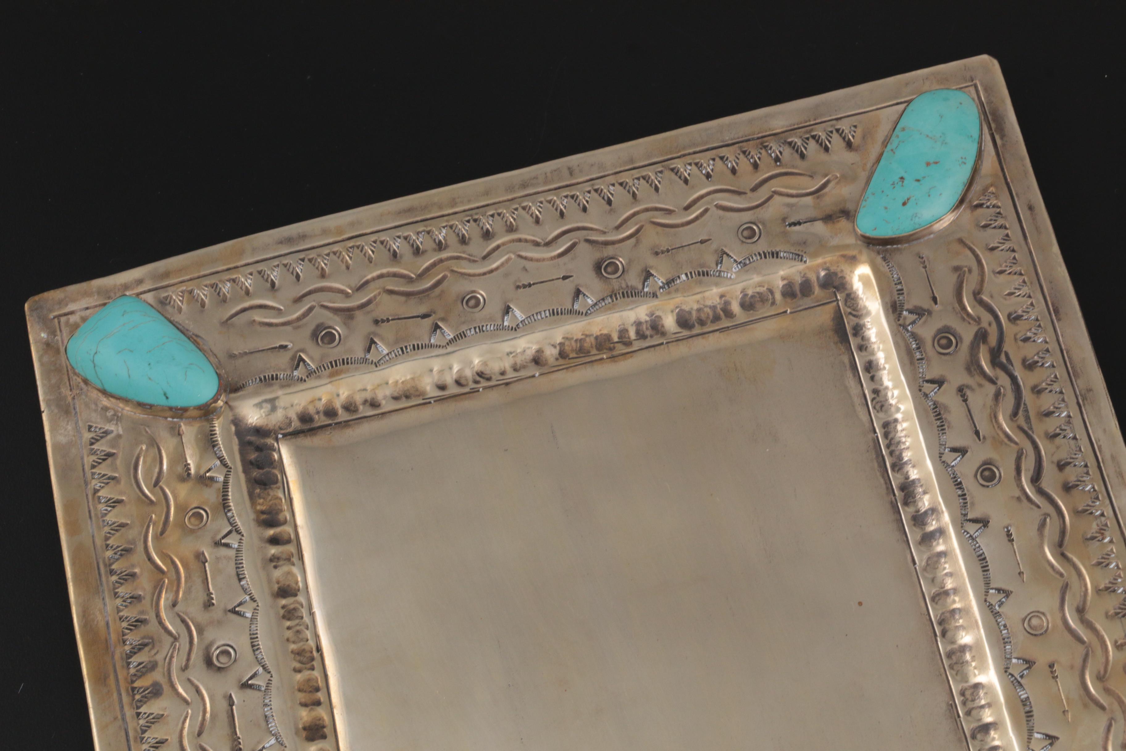 J. Alexander "Rustic Silver" Metal Tray with Turquoise Embellishments