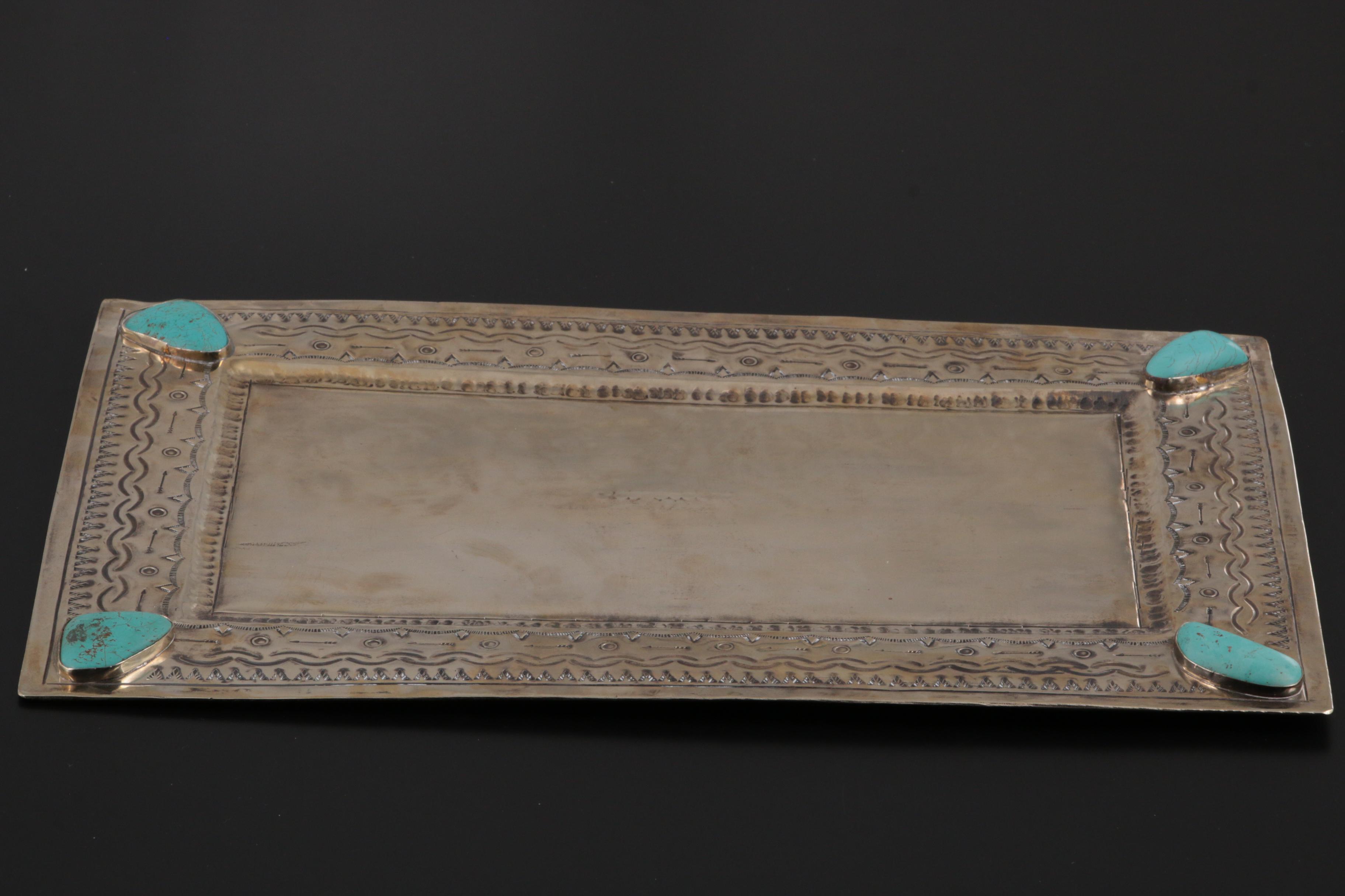 J. Alexander "Rustic Silver" Metal Tray with Turquoise Embellishments