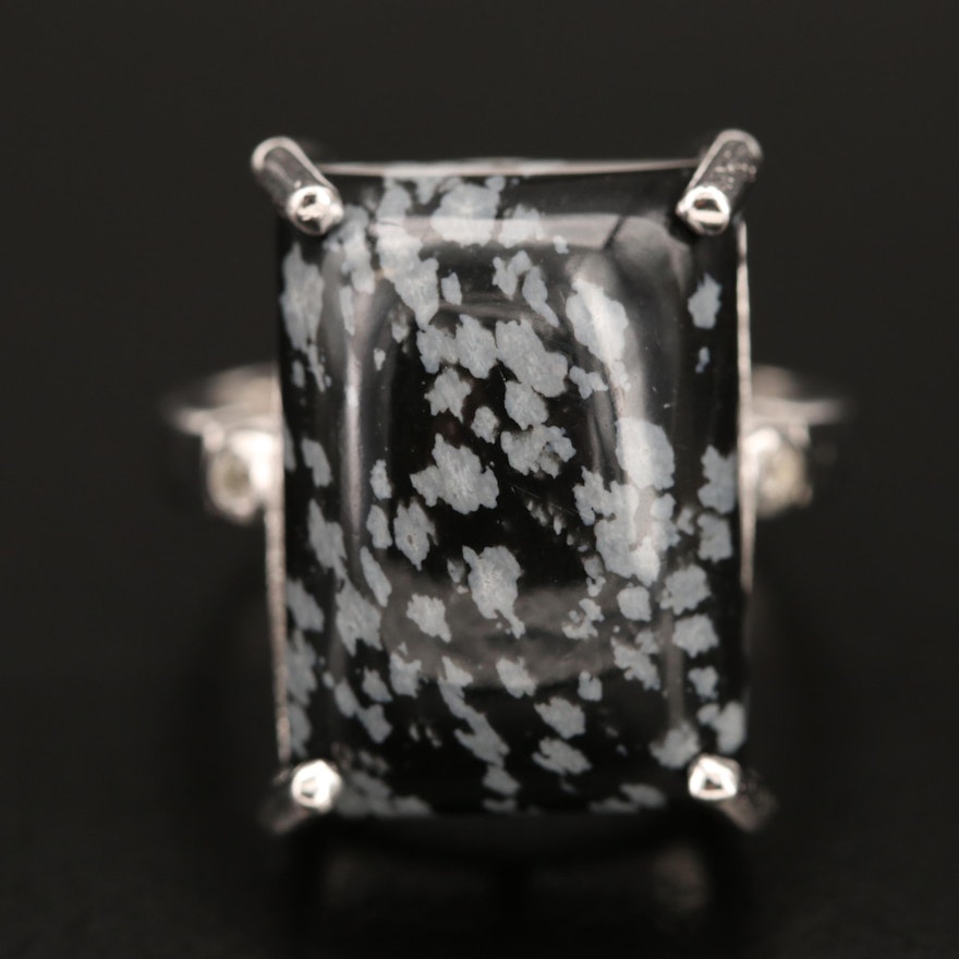 Sterling Snowflake Obsidian and Topaz Ring