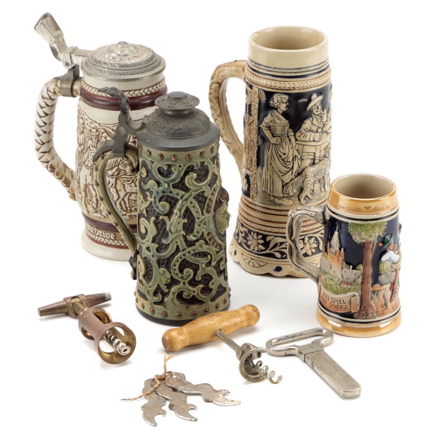 German and Other Ceramic Beer Steins with Bottle Openers and Corkscrews