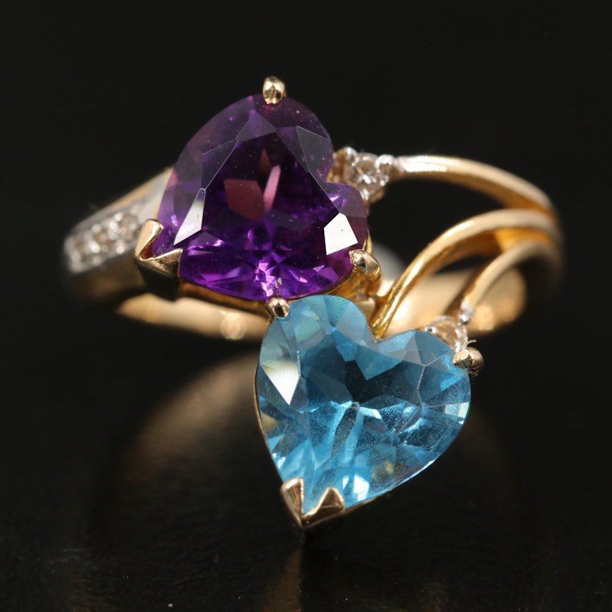 14K Sky Blue Topaz, Amethyst and Diamond Double Heart Ring