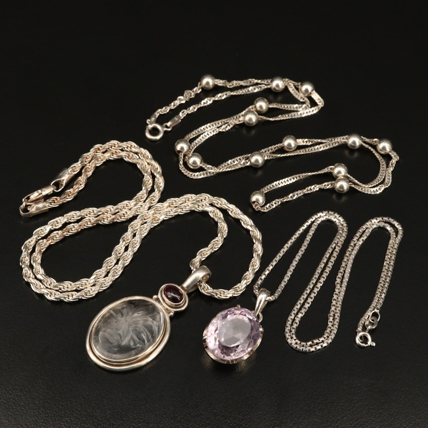 Sterling Necklaces Including Amethyst, Rock Crystal Quartz and Garnet