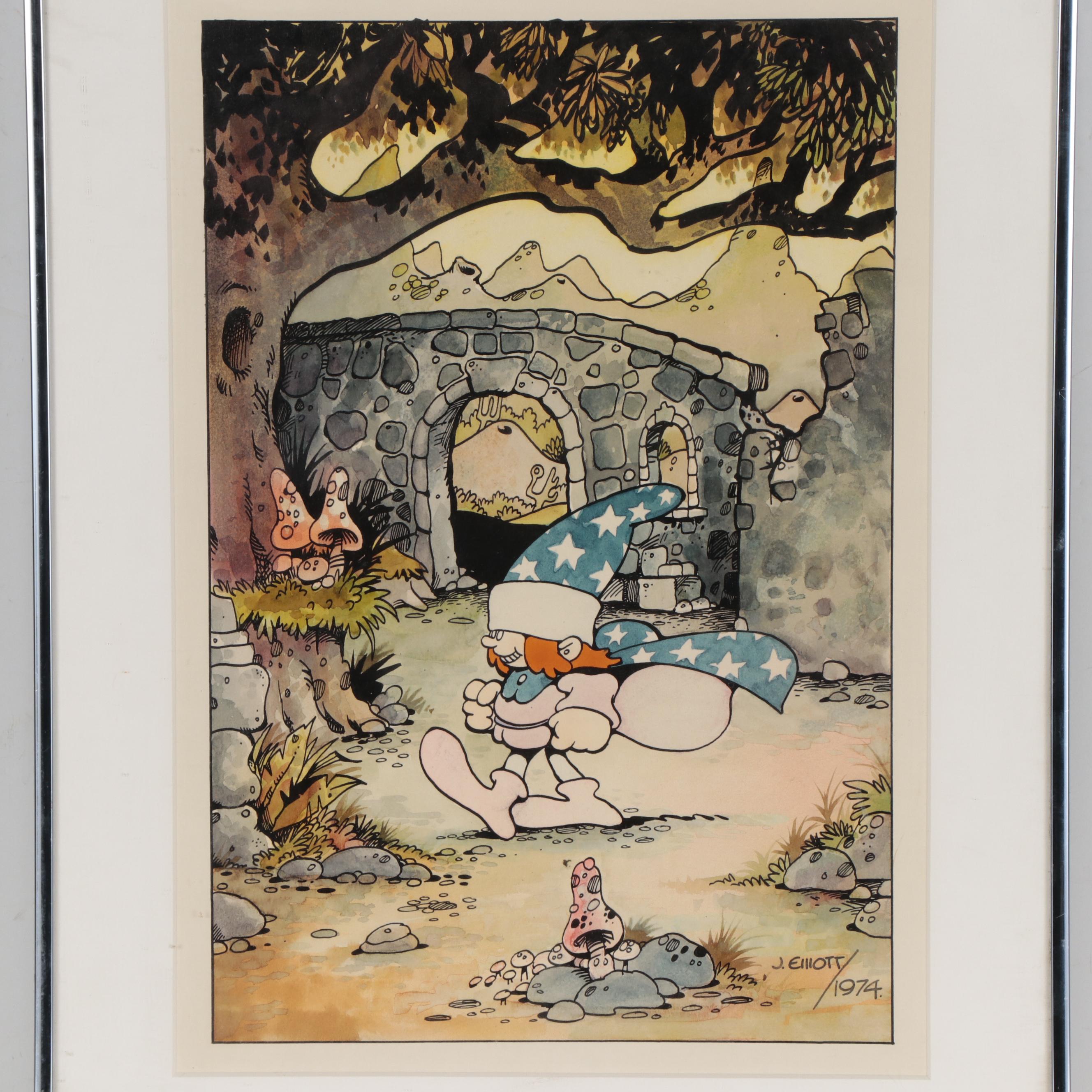 James Montgomery Elliott Ink and Watercolor Illustration, 1974