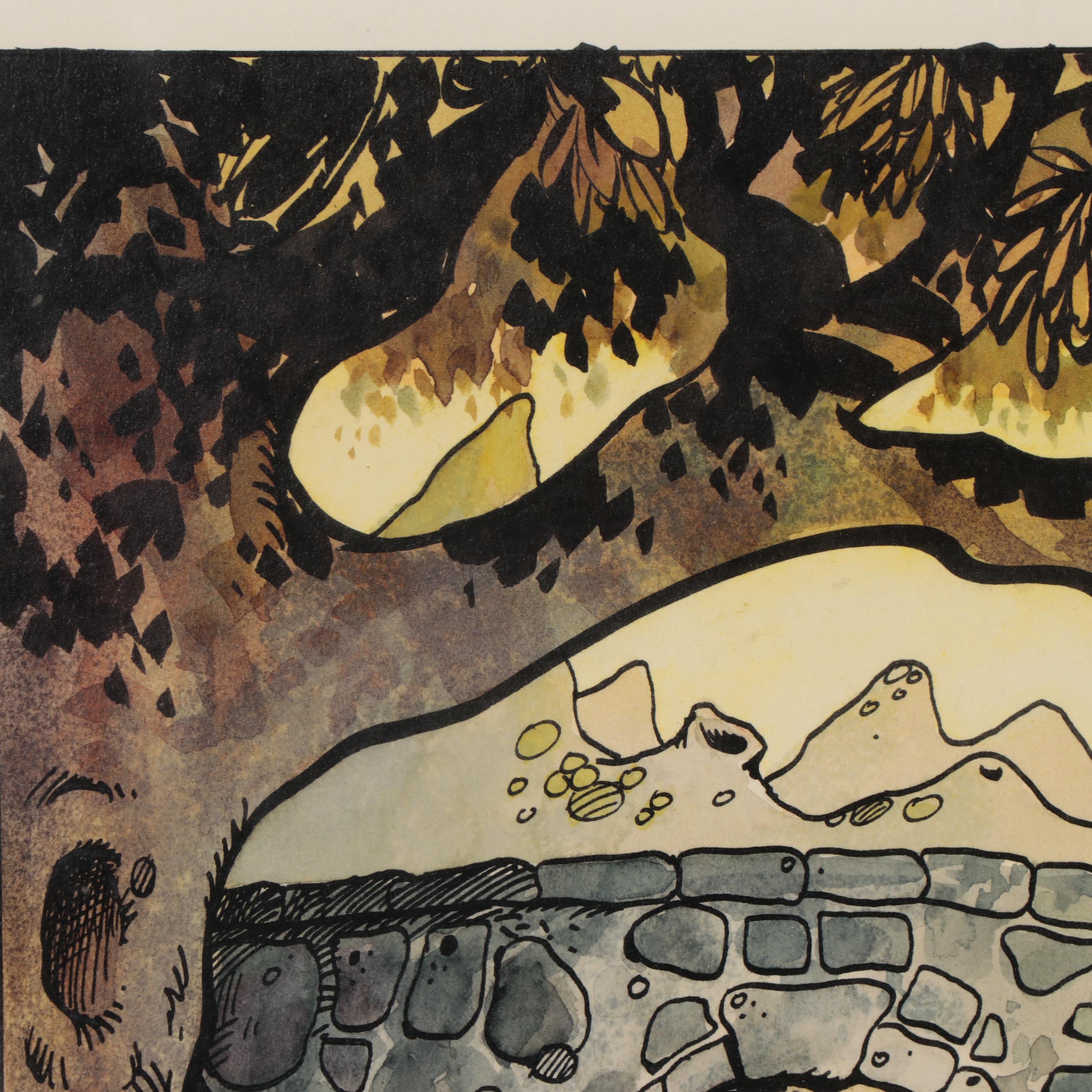 James Montgomery Elliott Ink and Watercolor Illustration, 1974