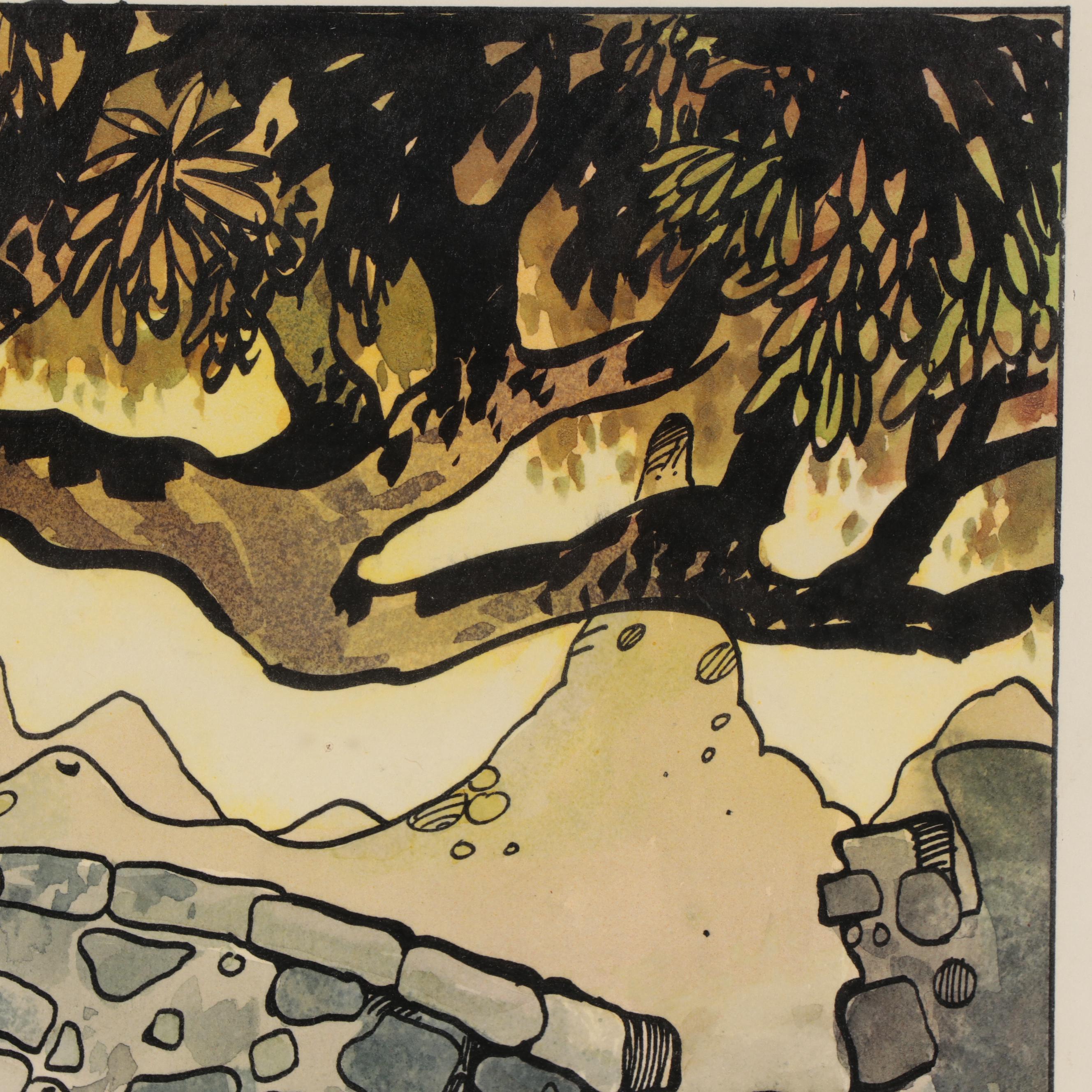 James Montgomery Elliott Ink and Watercolor Illustration, 1974