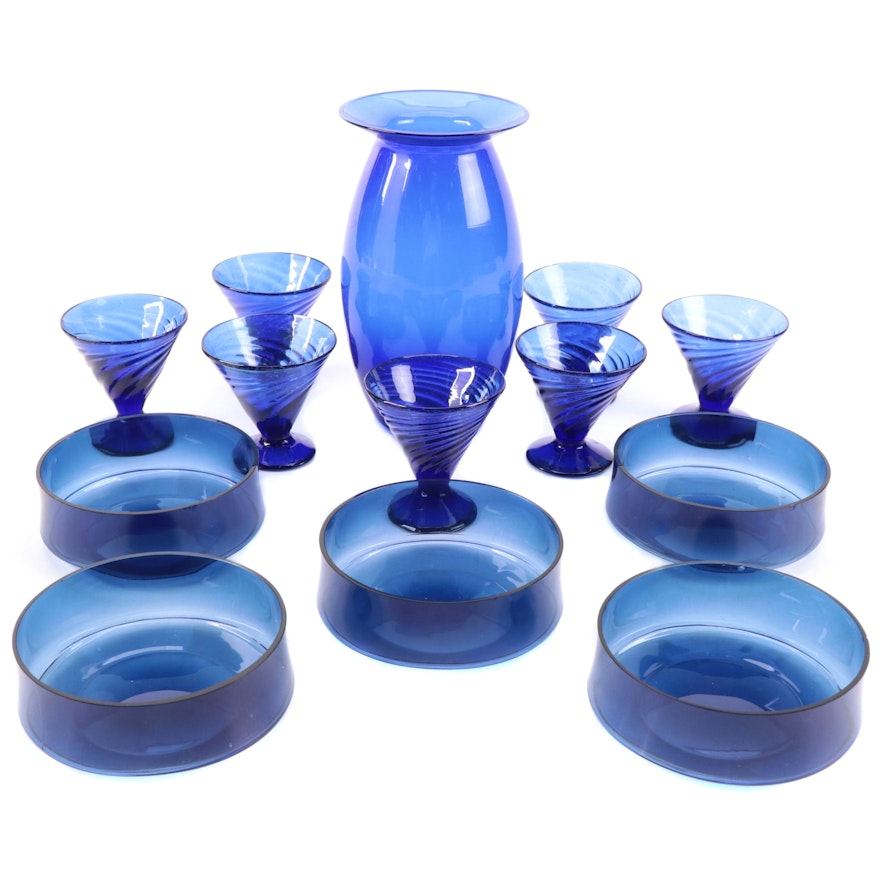 Cobalt Blue Glass Vase with Glasses and Bowls