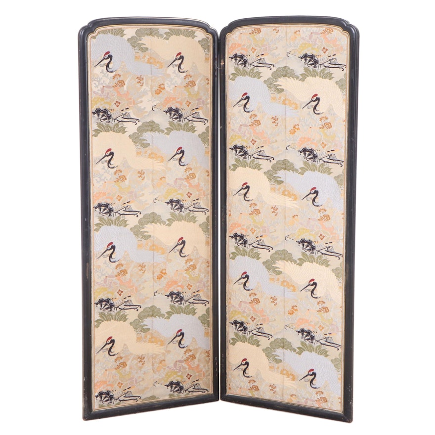 Chinese Black-Lacquered and Machine-Embroidered Two-Panel Screen