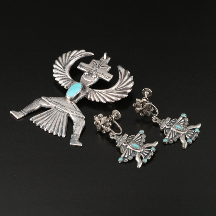 Sterling and Turquoise Kachina Thunderbird Converter Brooch with Earrings