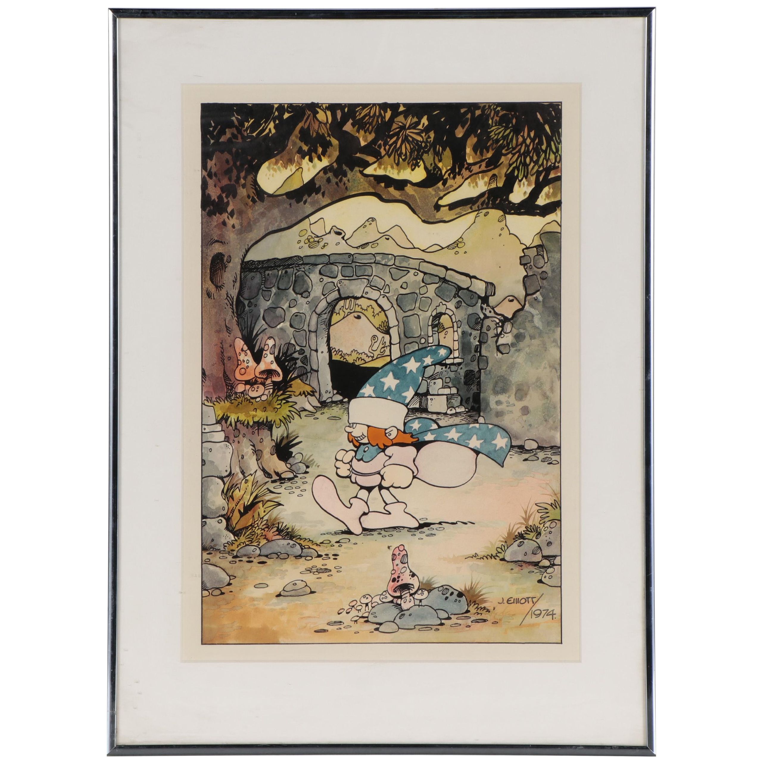 James Montgomery Elliott Ink and Watercolor Illustration, 1974