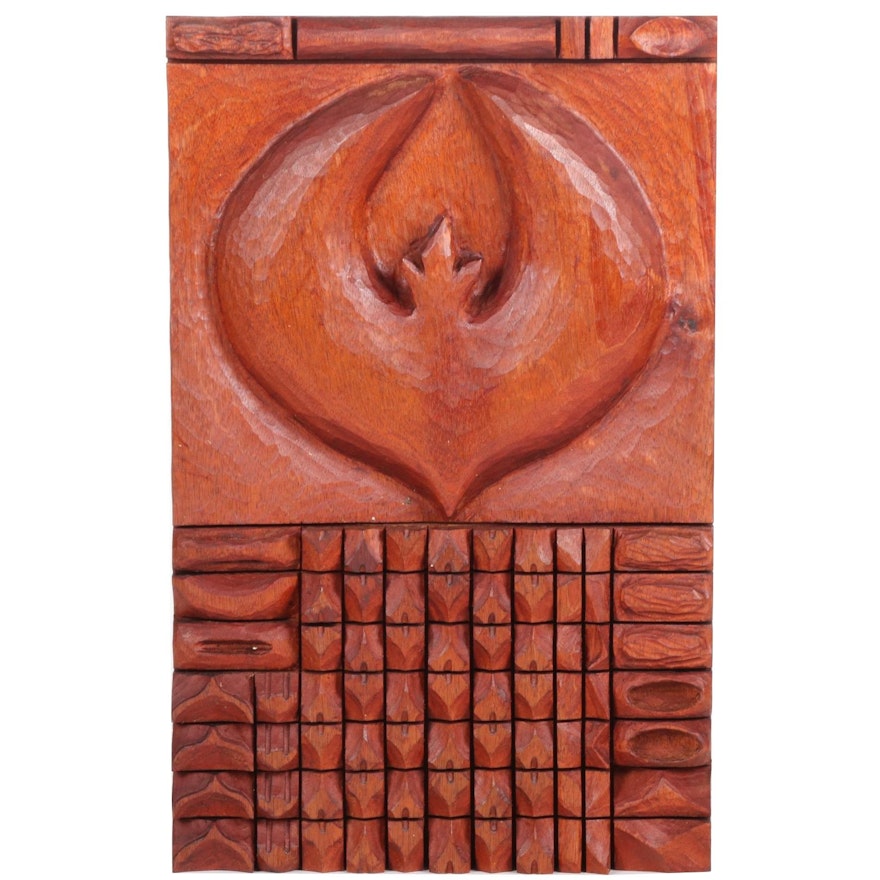 Todd Celmar Carved Mahogany Wood Hanging Sculpture "Firebird," 2018