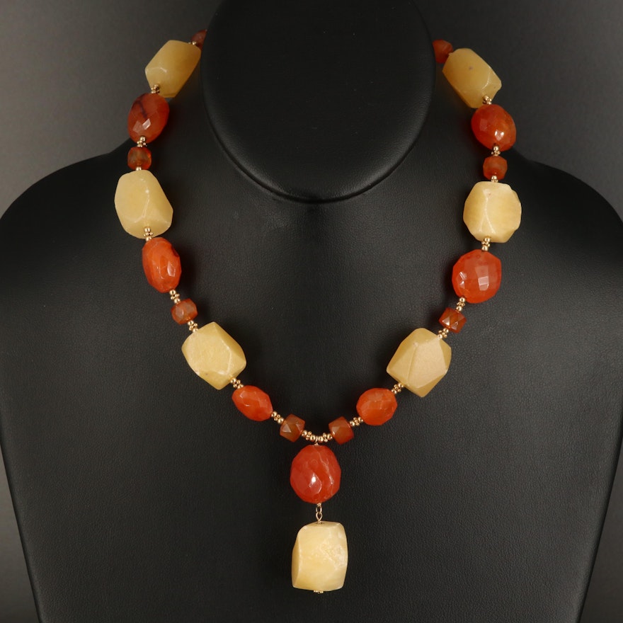 Carnelian and Calcite Beaded Necklace with 14K Clasp