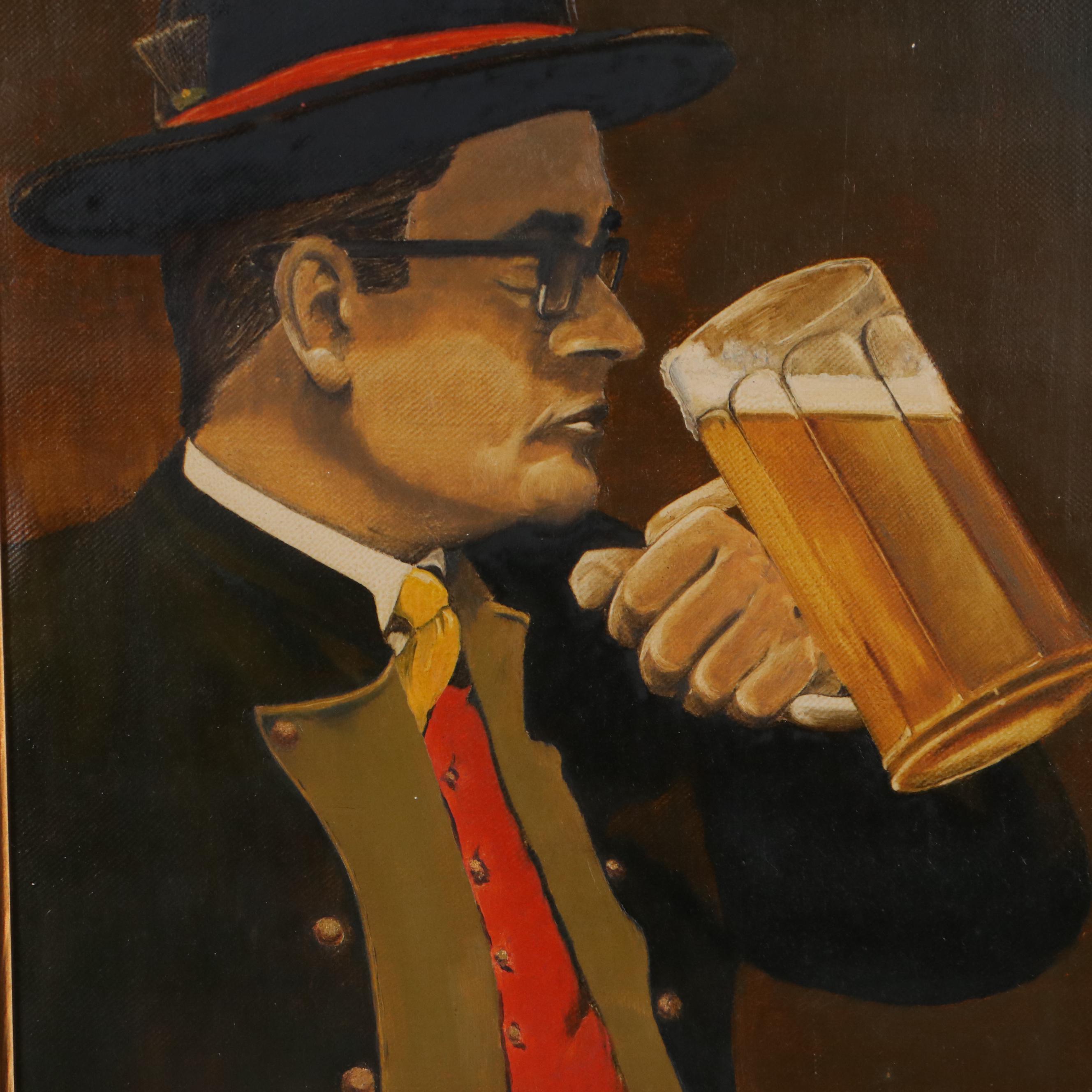 Oil Painting of German Man Drinking Beer, Late 20th Century
